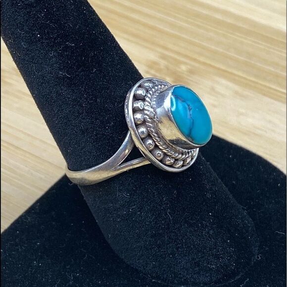 925 silver adjustable band oval turquoise 8 x 10 mm sized 8 3/4 - Picture 3 of 7